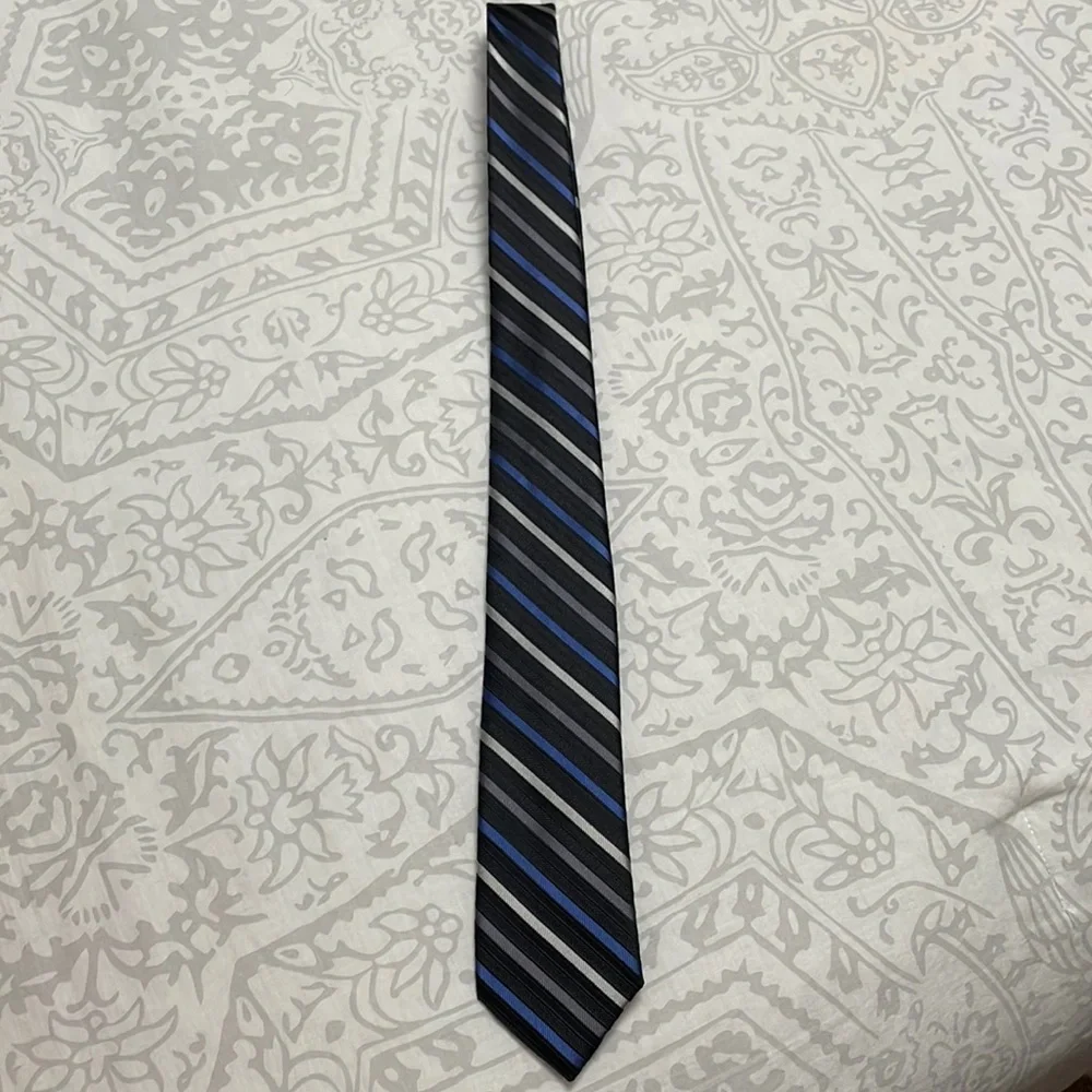 Boy’s Calvin Klein Silk Tie — Blue/Gray/Silver Stripes